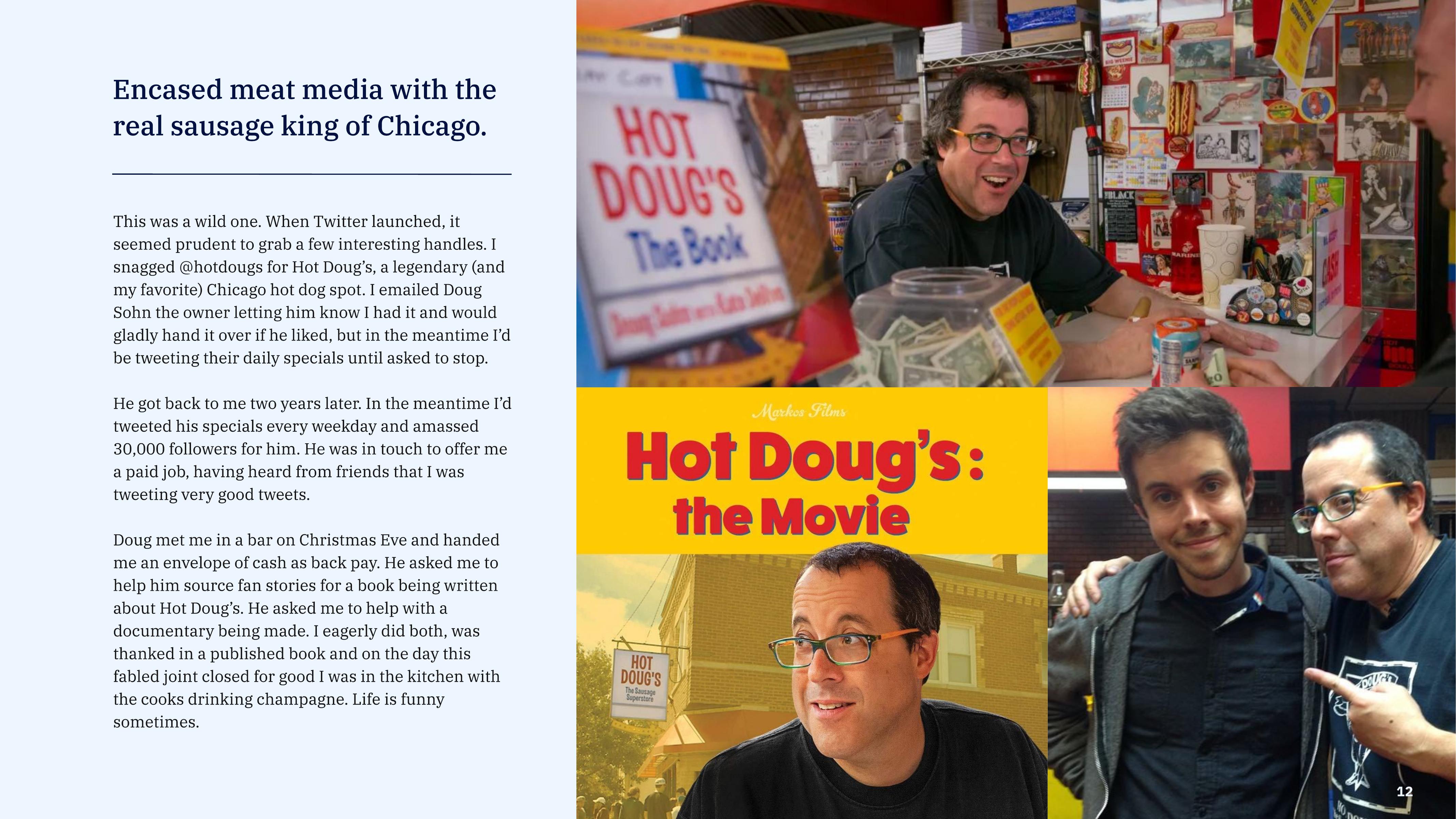 Doug Sohn behind the counter at Hot Doug's, a movie poster for Hot Doug's: the Movie, and Brendan with Doug in front of the shop.