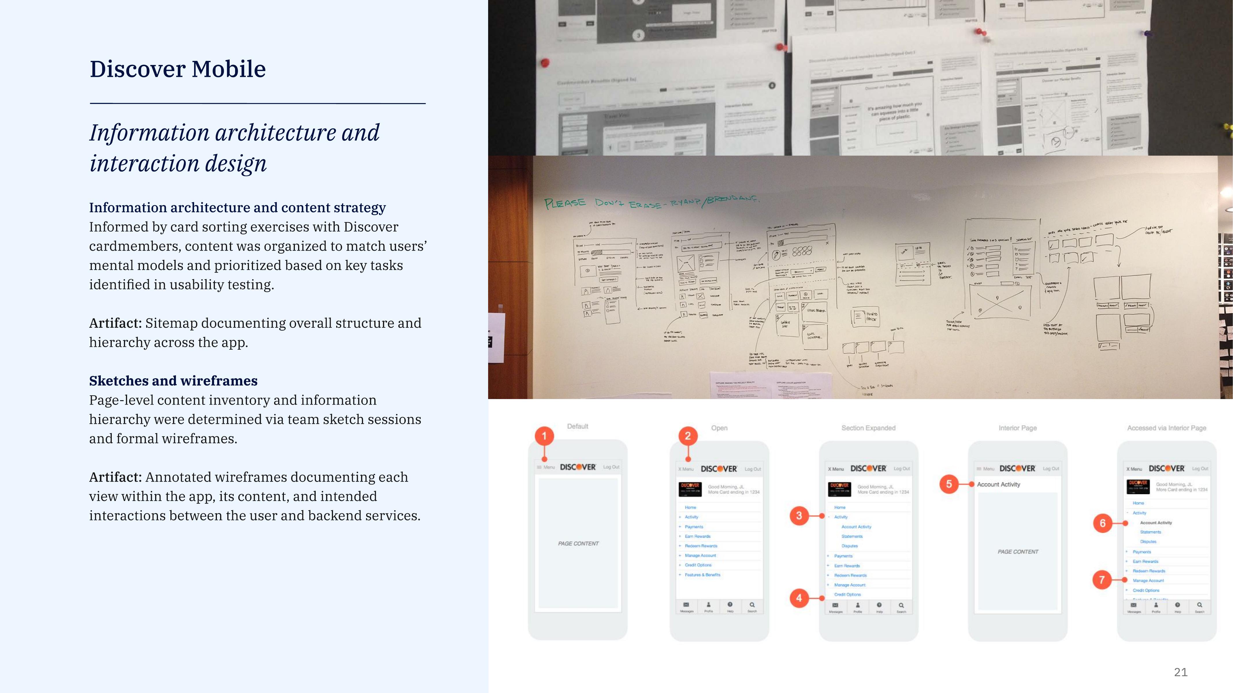 Wall of printed wireframes, hand-drawn sketches on whiteboards, and annotated wireframe screens.
