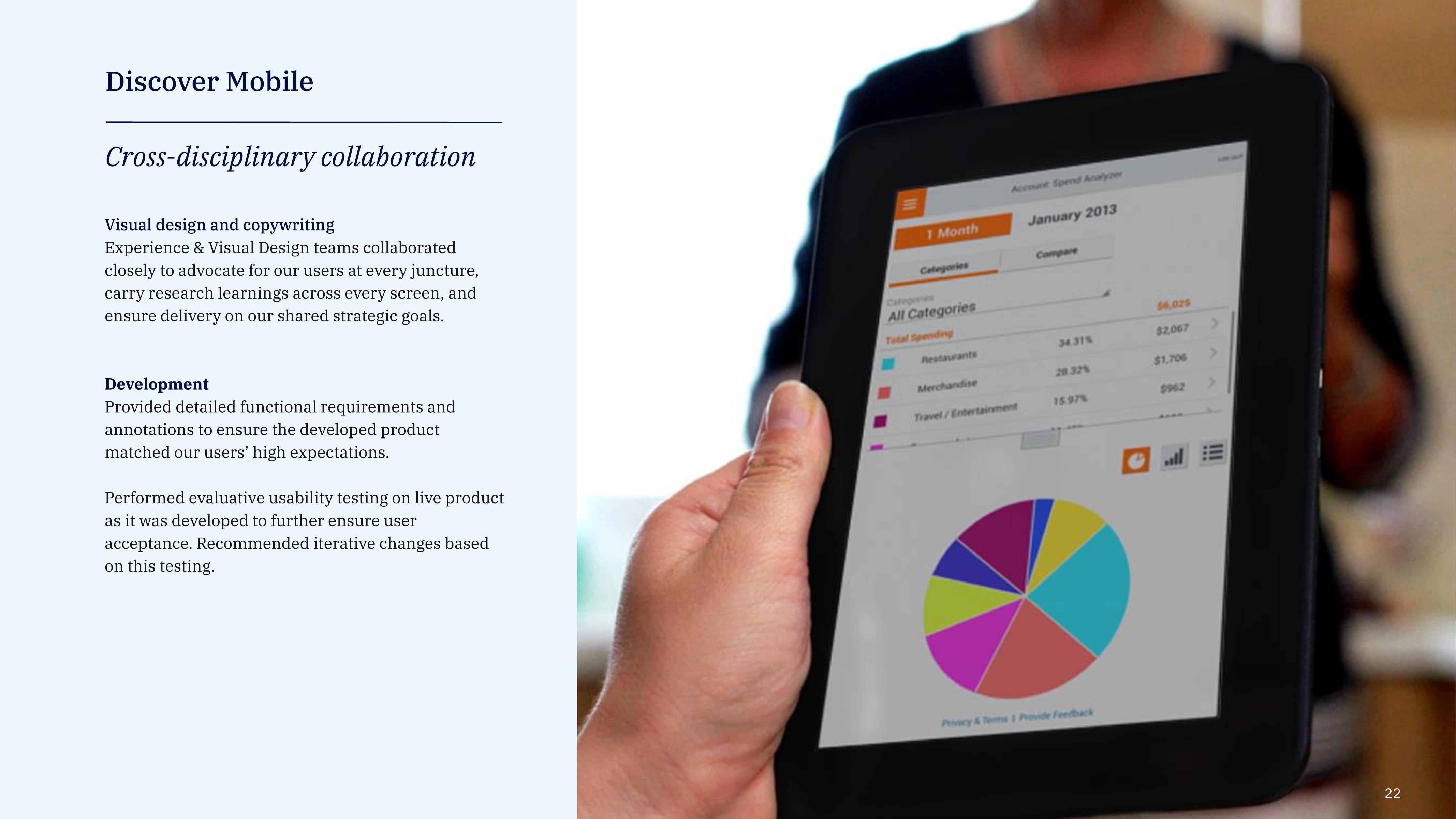 Spend Analyzer on iPad showing categorized spending and a pie chart.