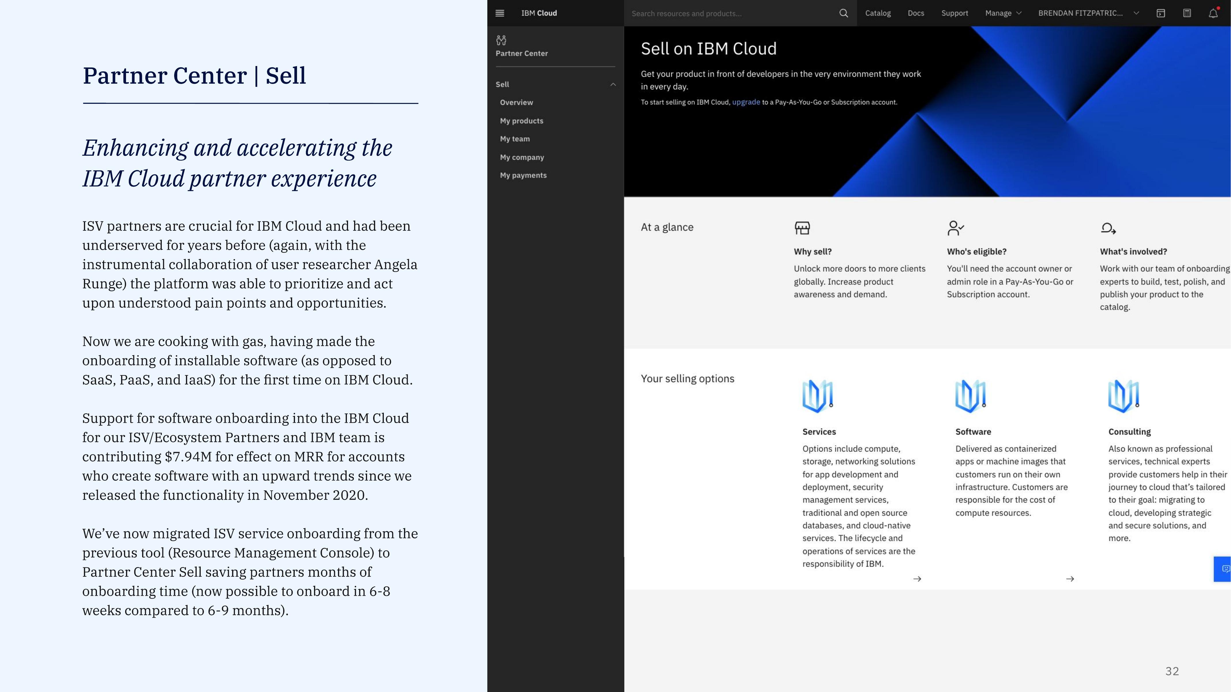 The Partner Center Sell screen on IBM Cloud, showing why-sell / who's-eligible / what's-involved content and three selling options (services, software, consulting).