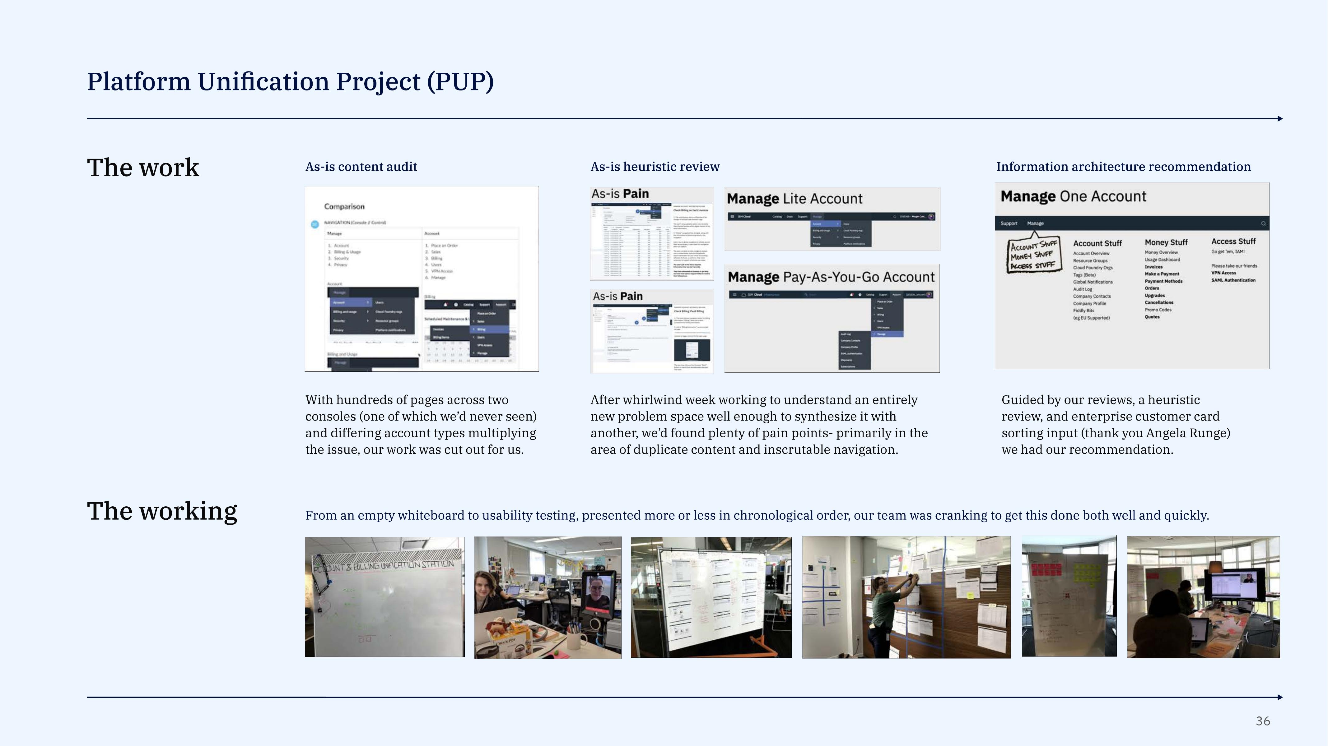 Photos of the PUP team's work-in-progress: whiteboards, printed flows, robot telepresence, card sorting walls, and console comparison diagrams.