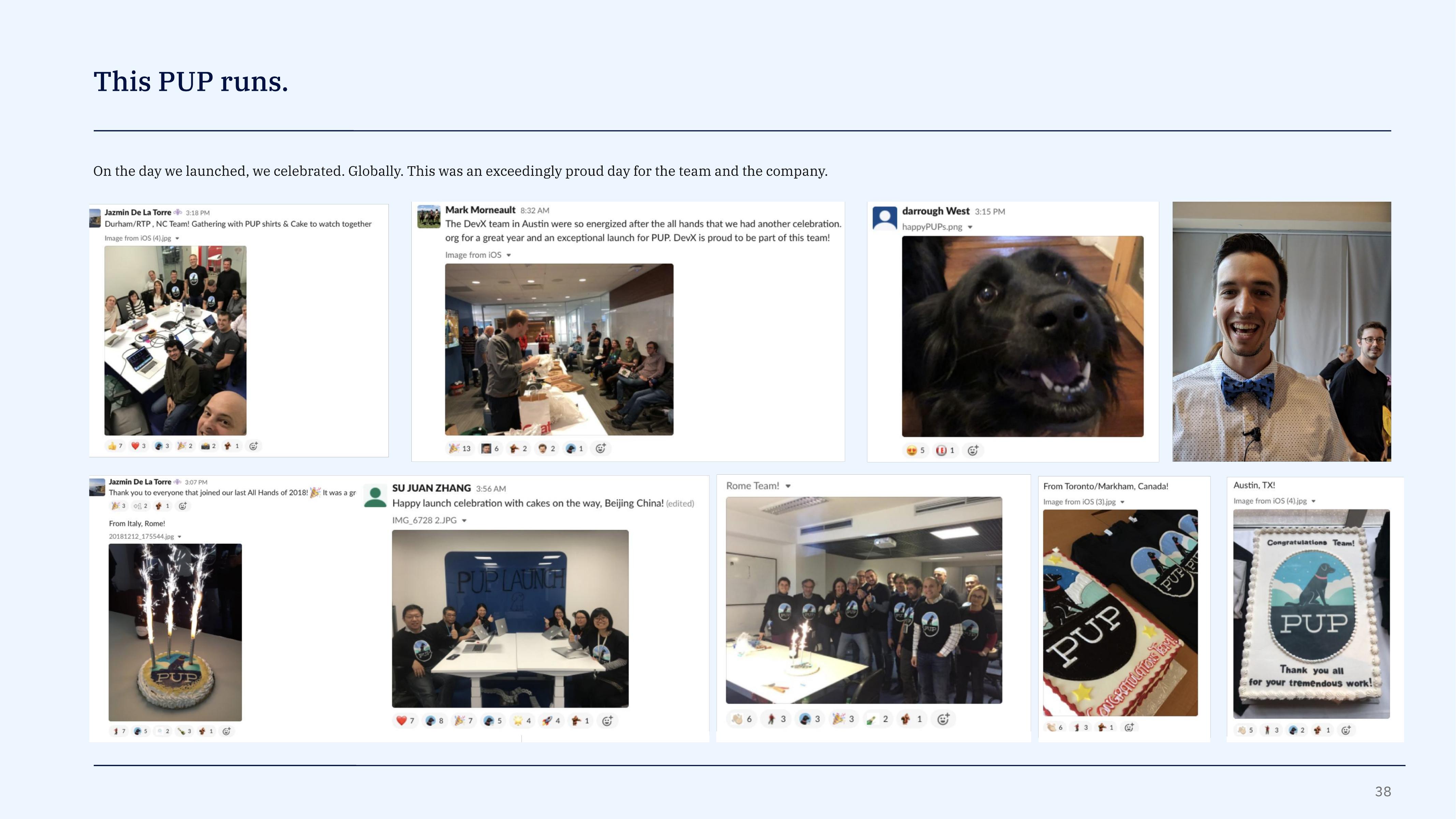 Photos from the global PUP launch celebration: cake, sparkler-topped cake, team shirts, group photos from offices around the world.