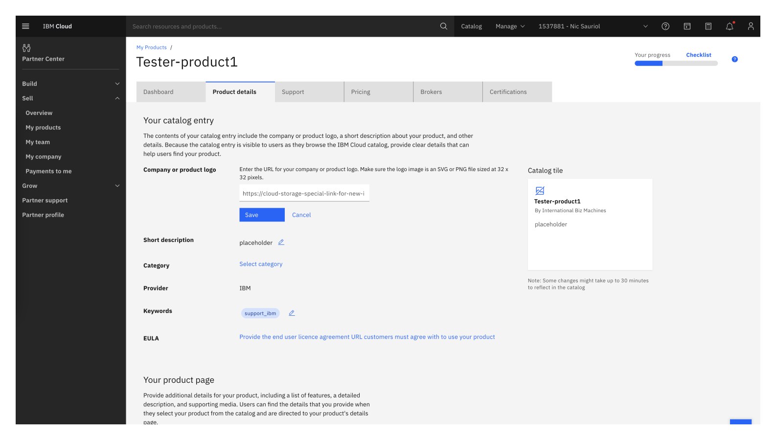 The same product-details page mid-edit — a logo URL has been pasted in, Save and Cancel actions are visible, the catalog-tile preview still shows the un-saved state.