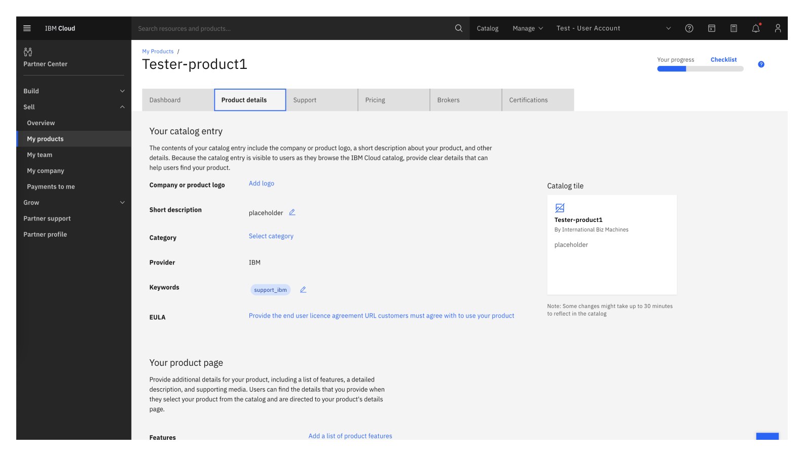 A product-details page in its empty state — Add logo, Select category, placeholder description, and a Catalog tile preview on the right showing what the empty entry will render as.