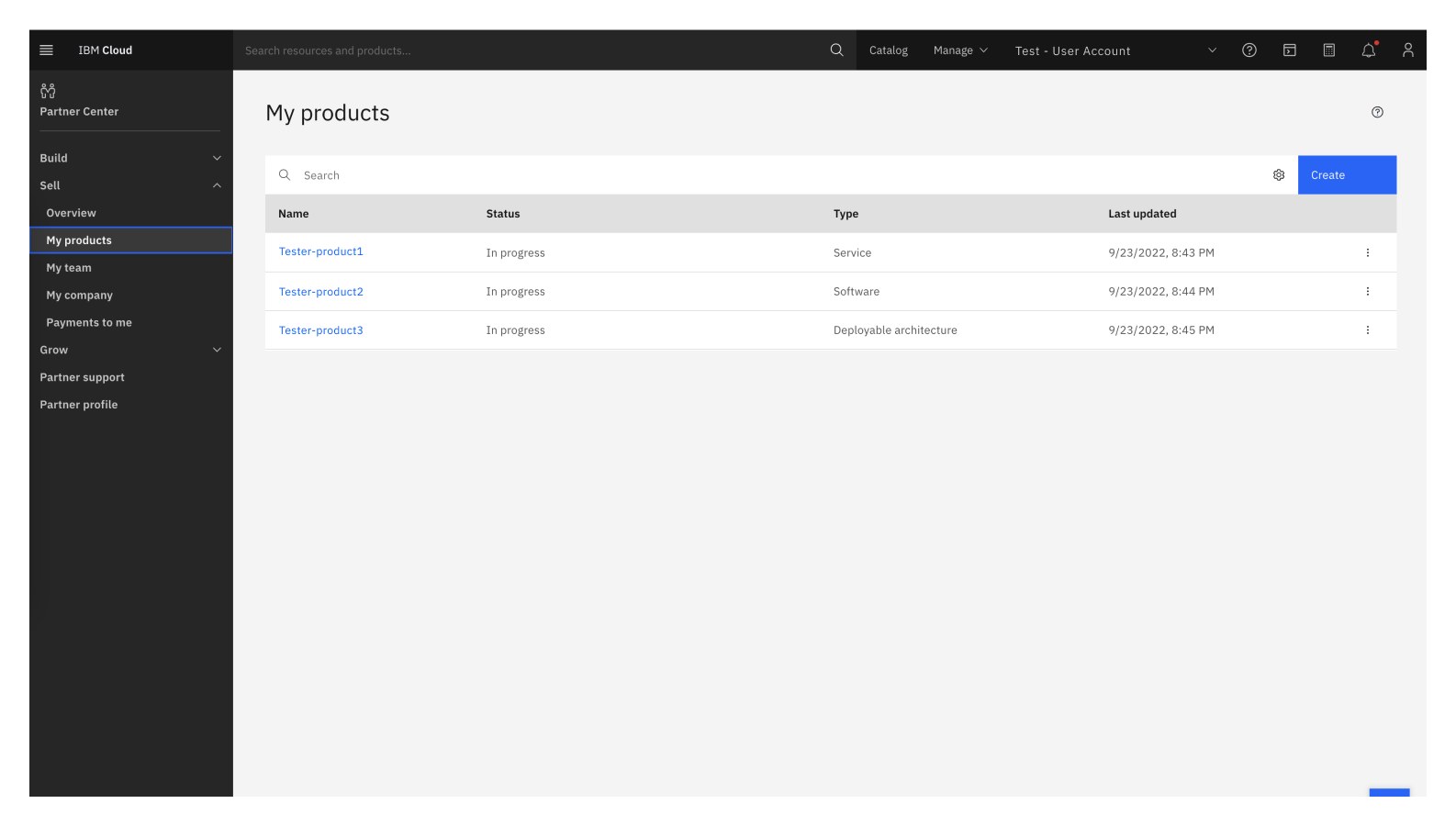 The 'My products' list in Partner Center — three placeholder products (Service, Software, Deployable architecture) with status, type, and last-updated columns, and a Create button.
