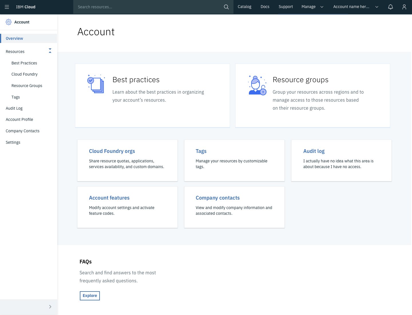 The unified Account Overview screen — left sidebar with Resources, Best Practices, Cloud Foundry, Resource Groups, Tags, Audit Log, Account Profile, Company Contacts, Settings. Main area with Best Practices and Resource Groups call-out cards, then Cloud Foundry orgs / Tags / Audit log / Account features / Company contacts in a six-card grid.