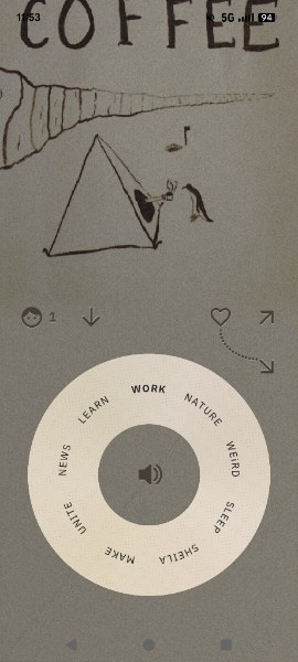 Static Radio on Work station playing a 'Coffee' episode — hand-drawn art of a tent and figure on a muted blue background, with the LEARN/WORK/NATURE dial below and a live listener count of 1.