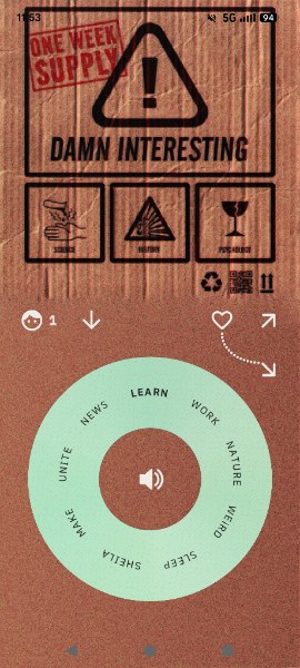 Static Radio on Learn station playing 'Damn Interesting' — a one-week-supply cardboard cover with hand-drawn warning glyphs, mint-green dial pulling the channel palette.