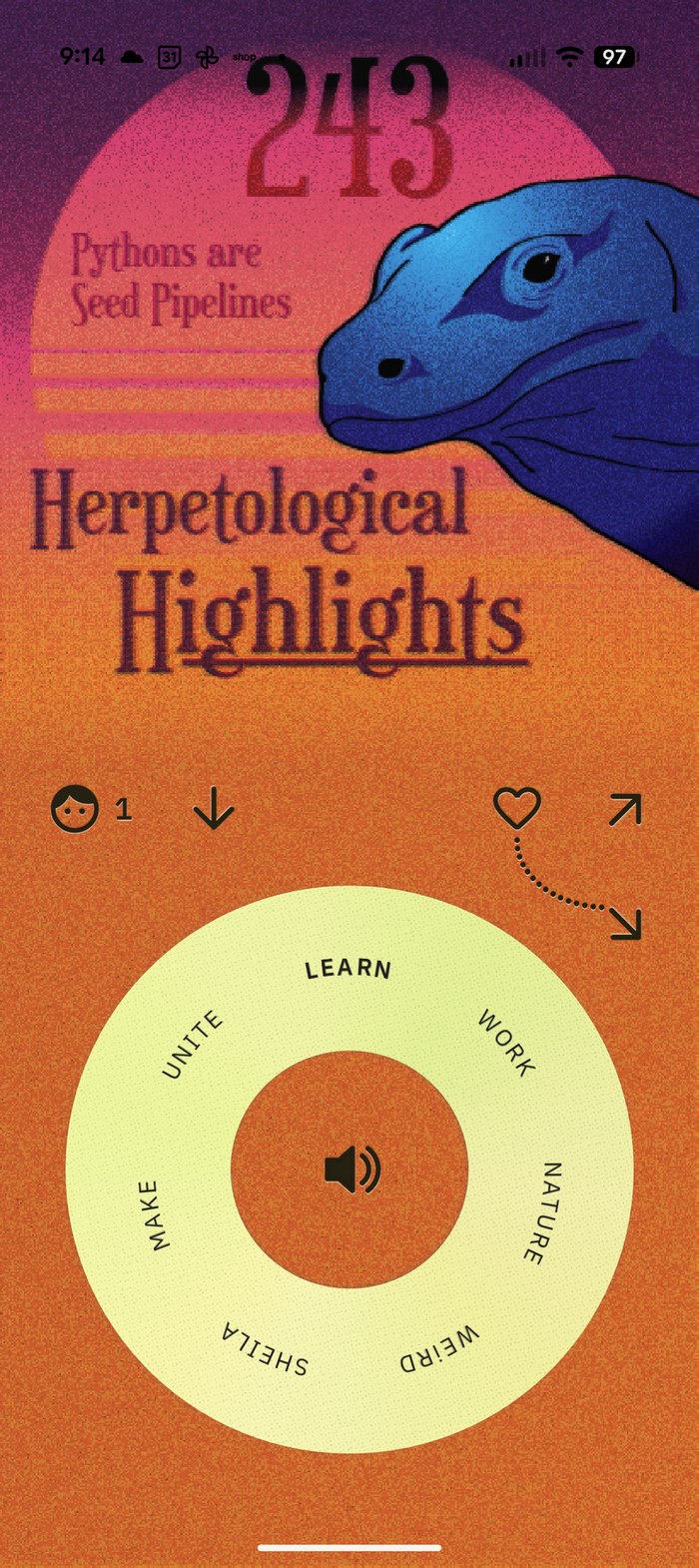 Static Radio on Weird station playing 'Herpetological Highlights' episode 243 — Komodo dragon illustration on a sunset gradient, butter-yellow dial below.