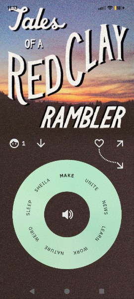 Static Radio on Sheila station playing 'Tales of a Red Clay Rambler' — vintage western signage over a desert sunset, mint dial below.